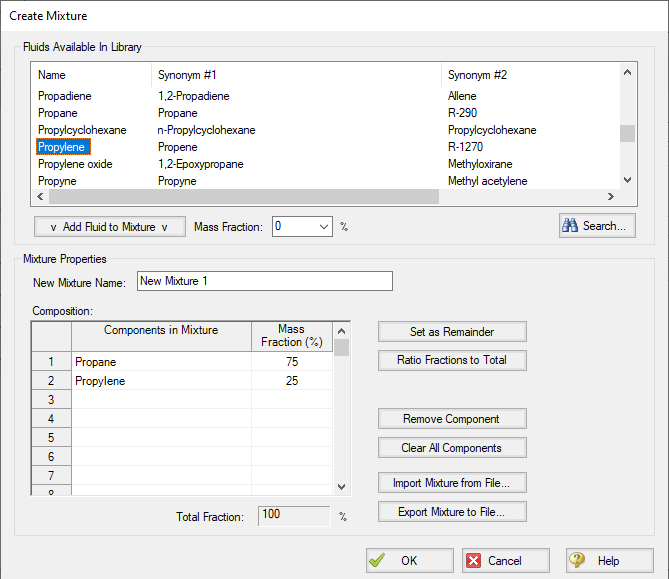 The Create Mixture window. This window allows you to create predefined mixtures for the model.